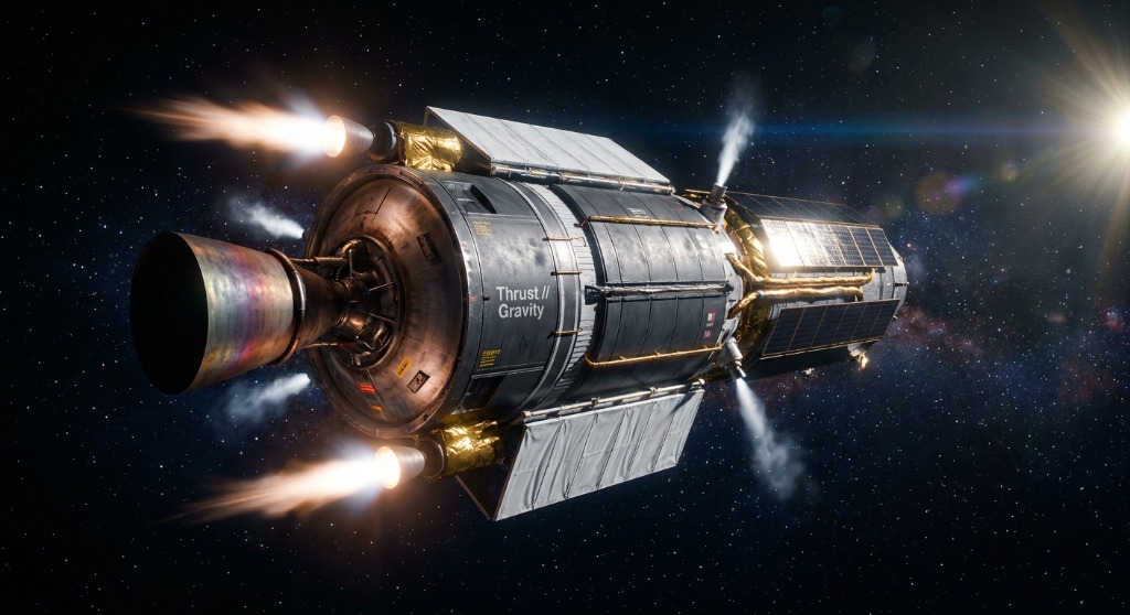THRUST // GRAVITY spacecraft tumbling in deep space with active RCS thrusters
